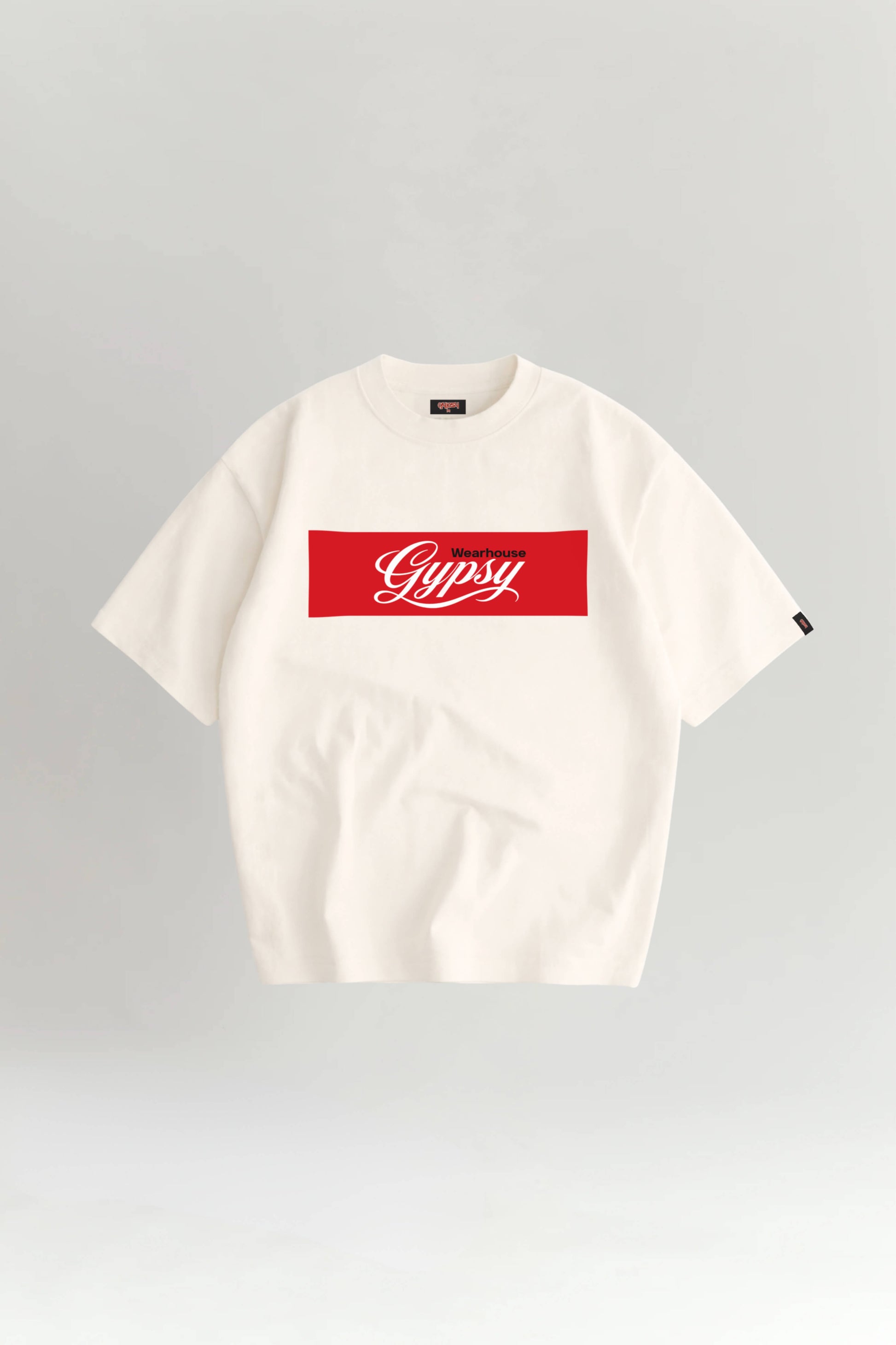 White t-shirt with a red logo on a gray background