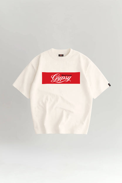 White t-shirt with a red logo on a gray background