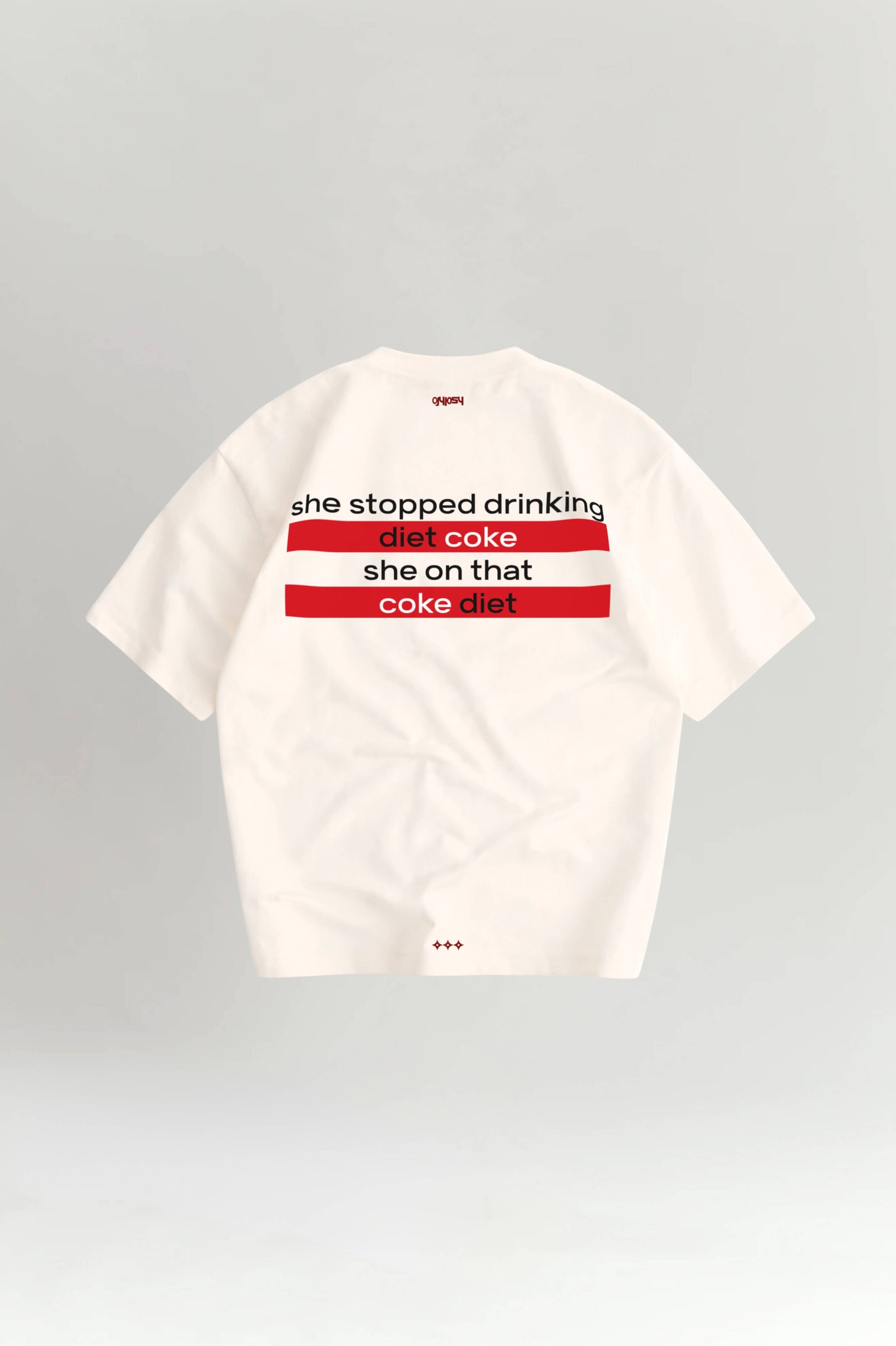 White t-shirt with red and black text on a gray background
