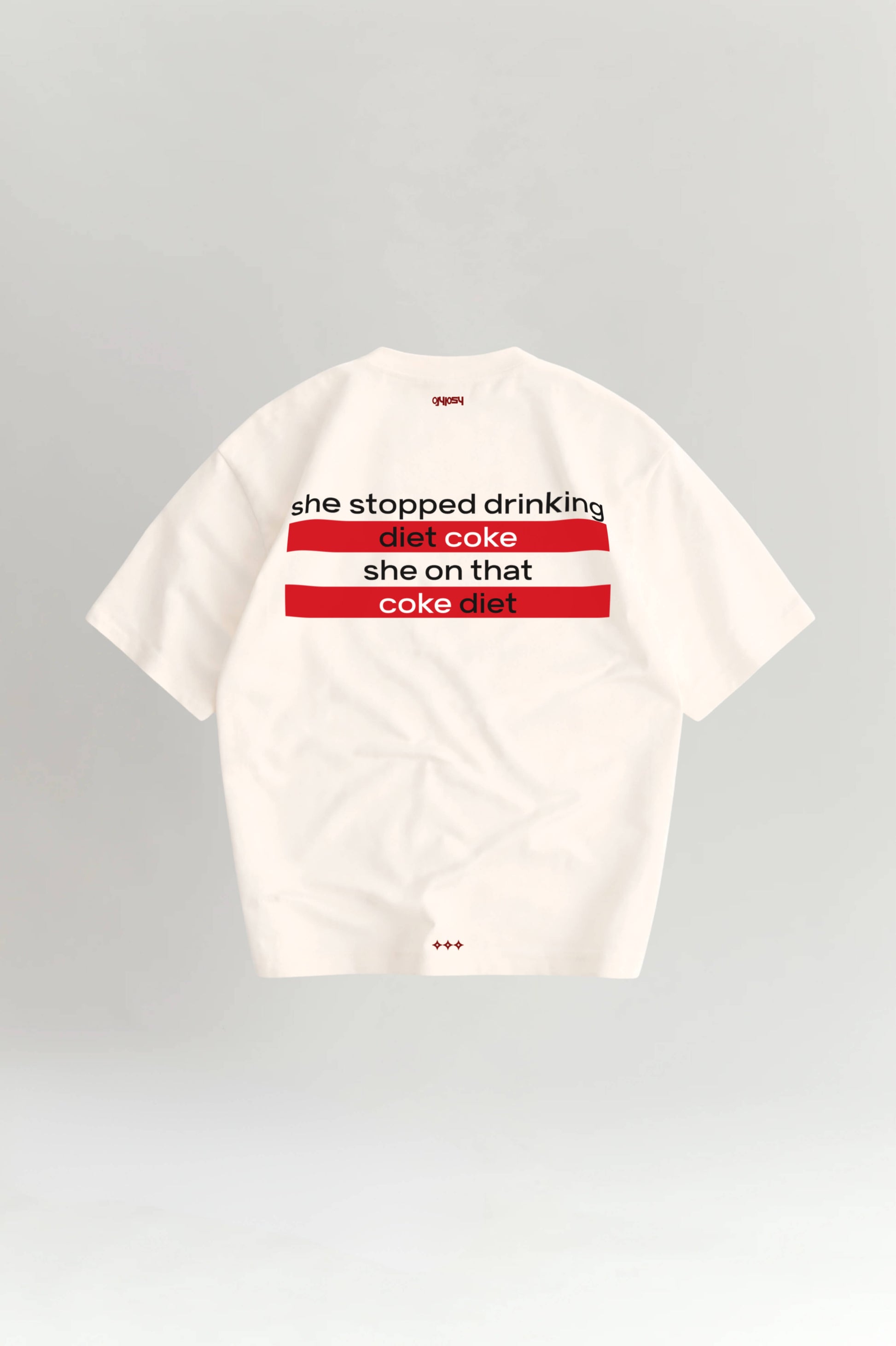 White t-shirt with red and black text on a gray background