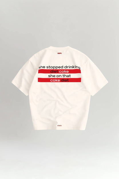 White t-shirt with red and black text on a gray background