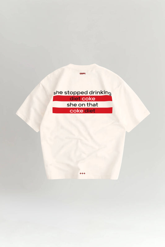 White t-shirt with red and black text on a gray background