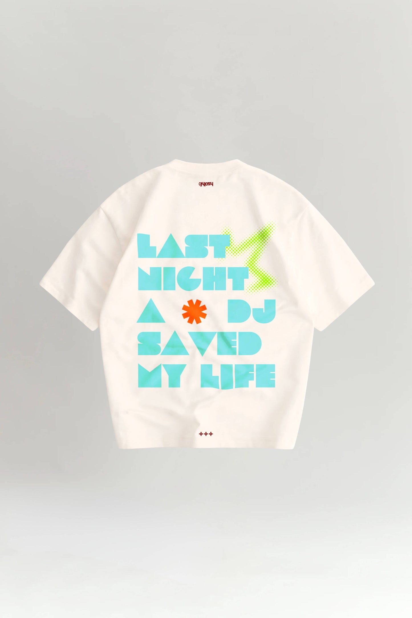 Off White t-shirt with colorful text design on a gray background
