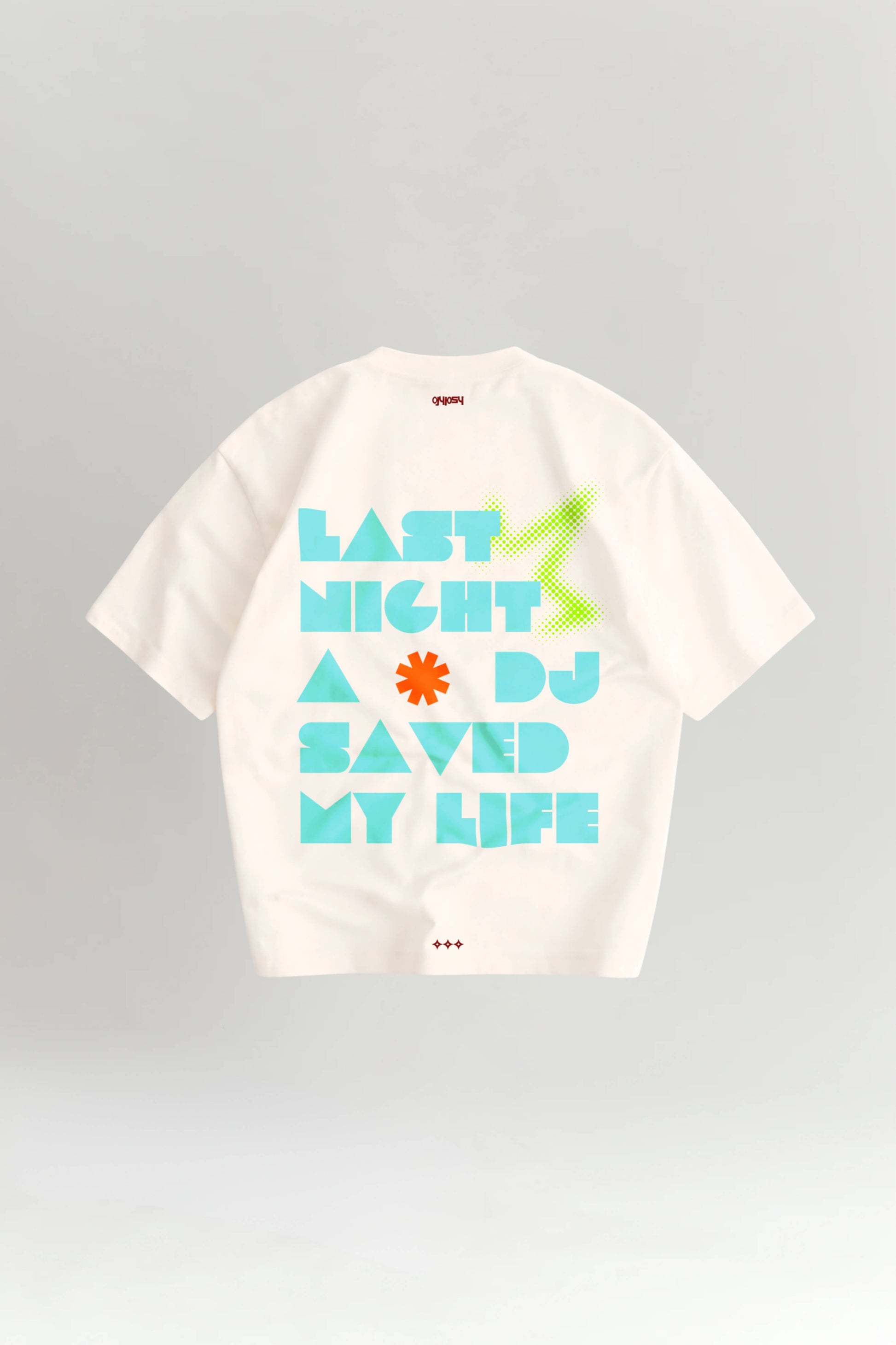 Off White t-shirt with colorful text design on a gray background
