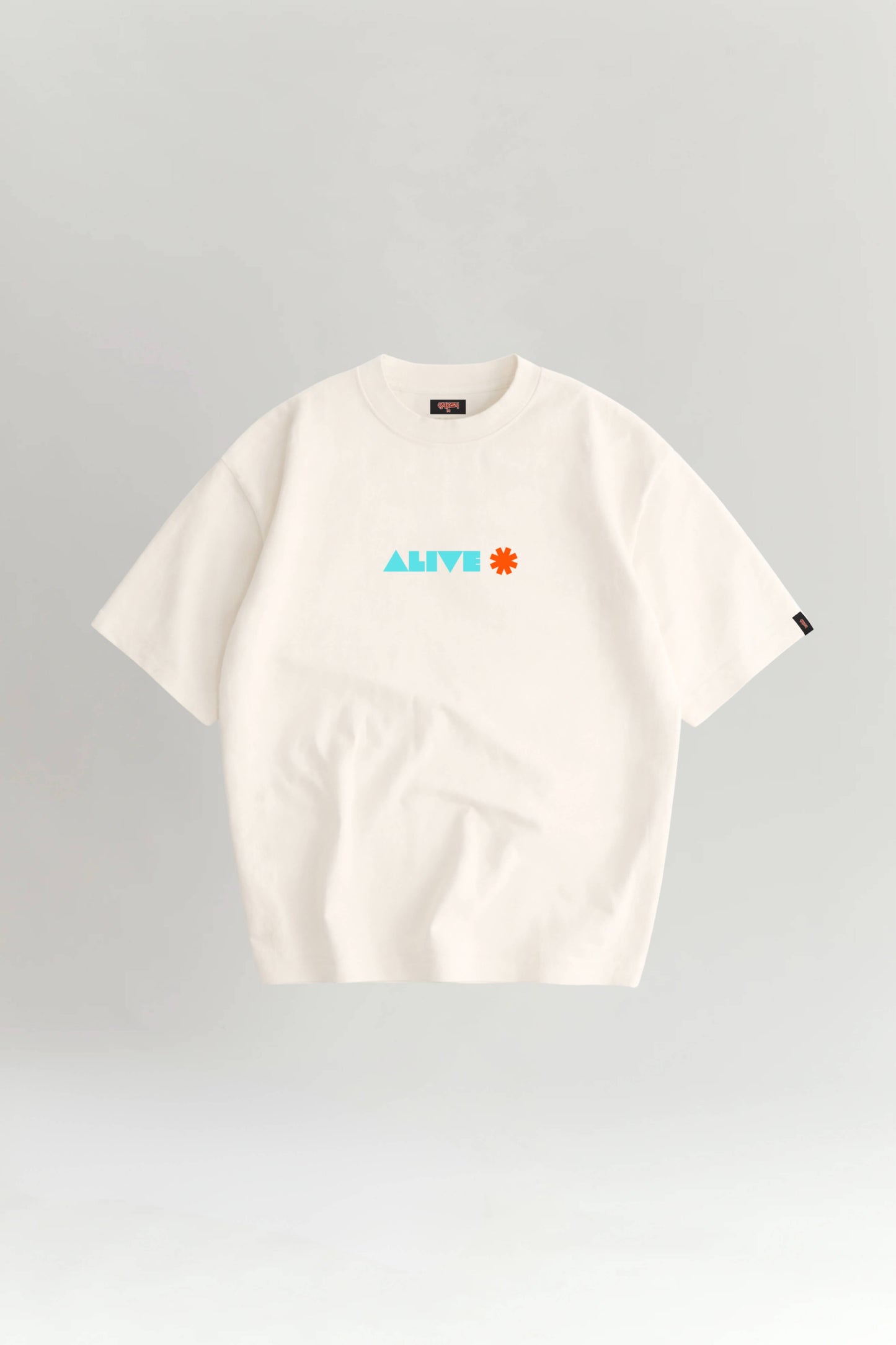Off White t-shirt with colorful logo on a gray background