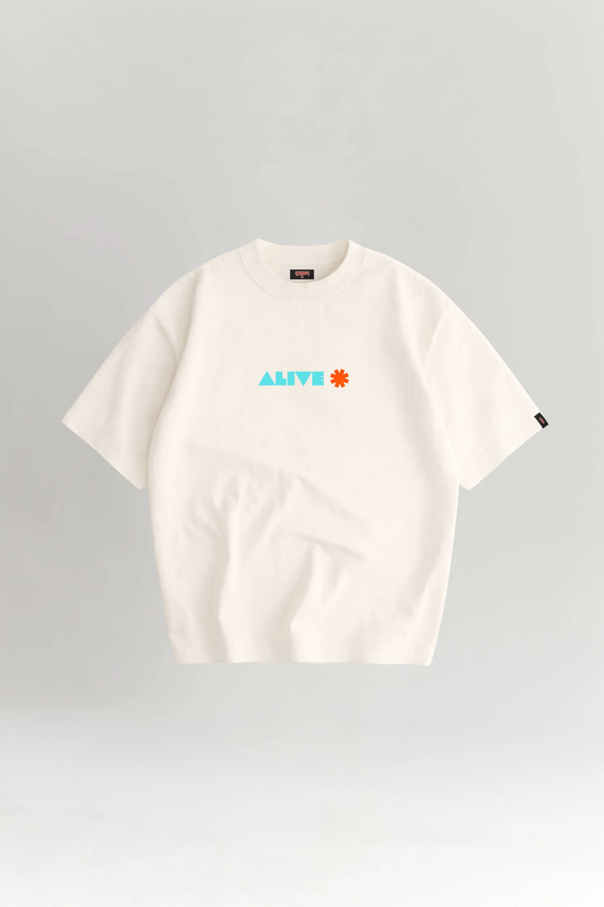 Off White t-shirt with colorful logo on a gray background