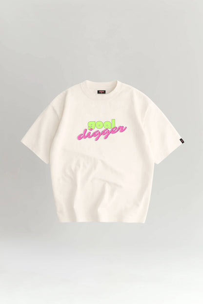 Off white t-shirt with colorful text on a gray background