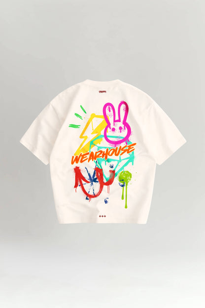 OffWhite t-shirt with colorful graphic design on a gray background