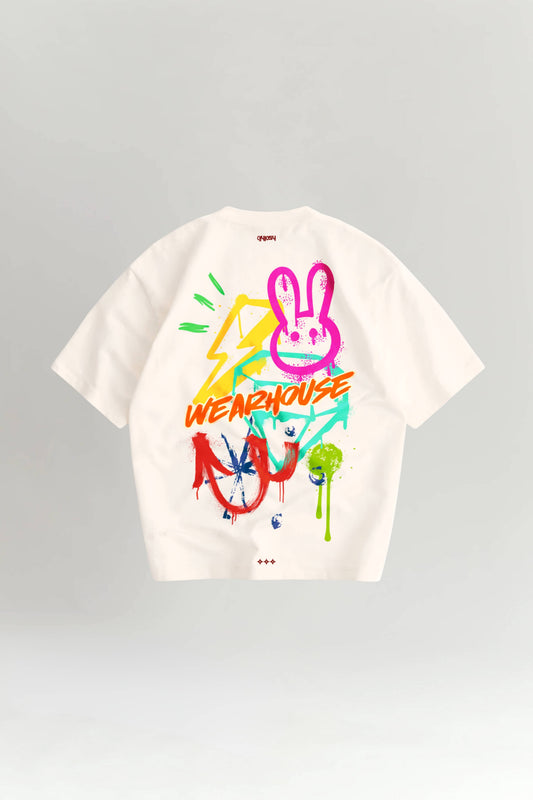 OffWhite t-shirt with colorful graphic design on a gray background