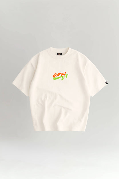 OffWhite t-shirt with colorful logo on a gray background