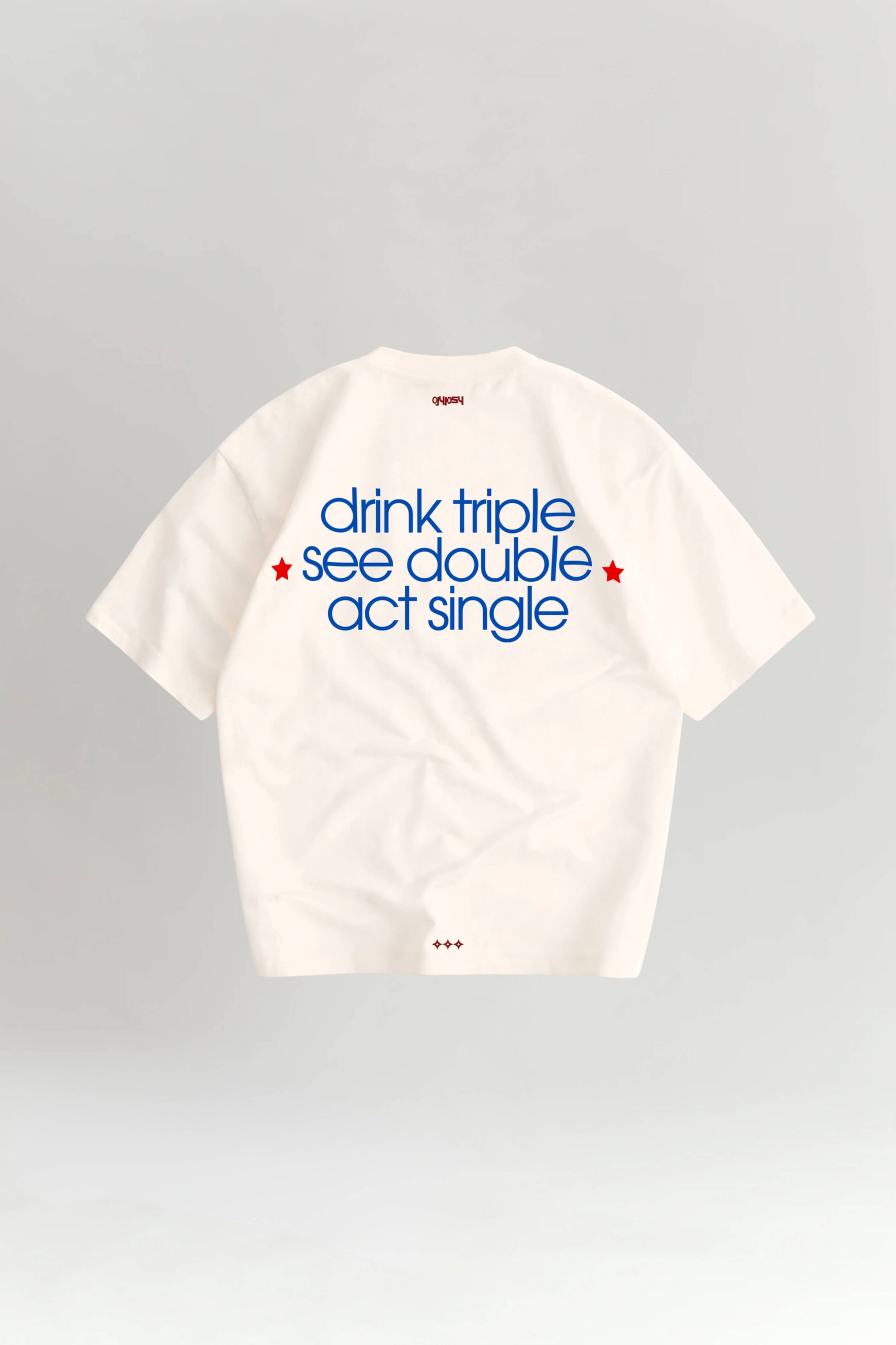 White t-shirt with blue and red text on a gray background