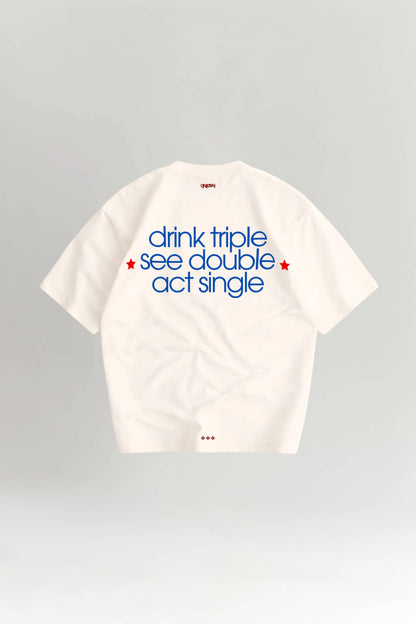 White t-shirt with blue and red text on a gray background