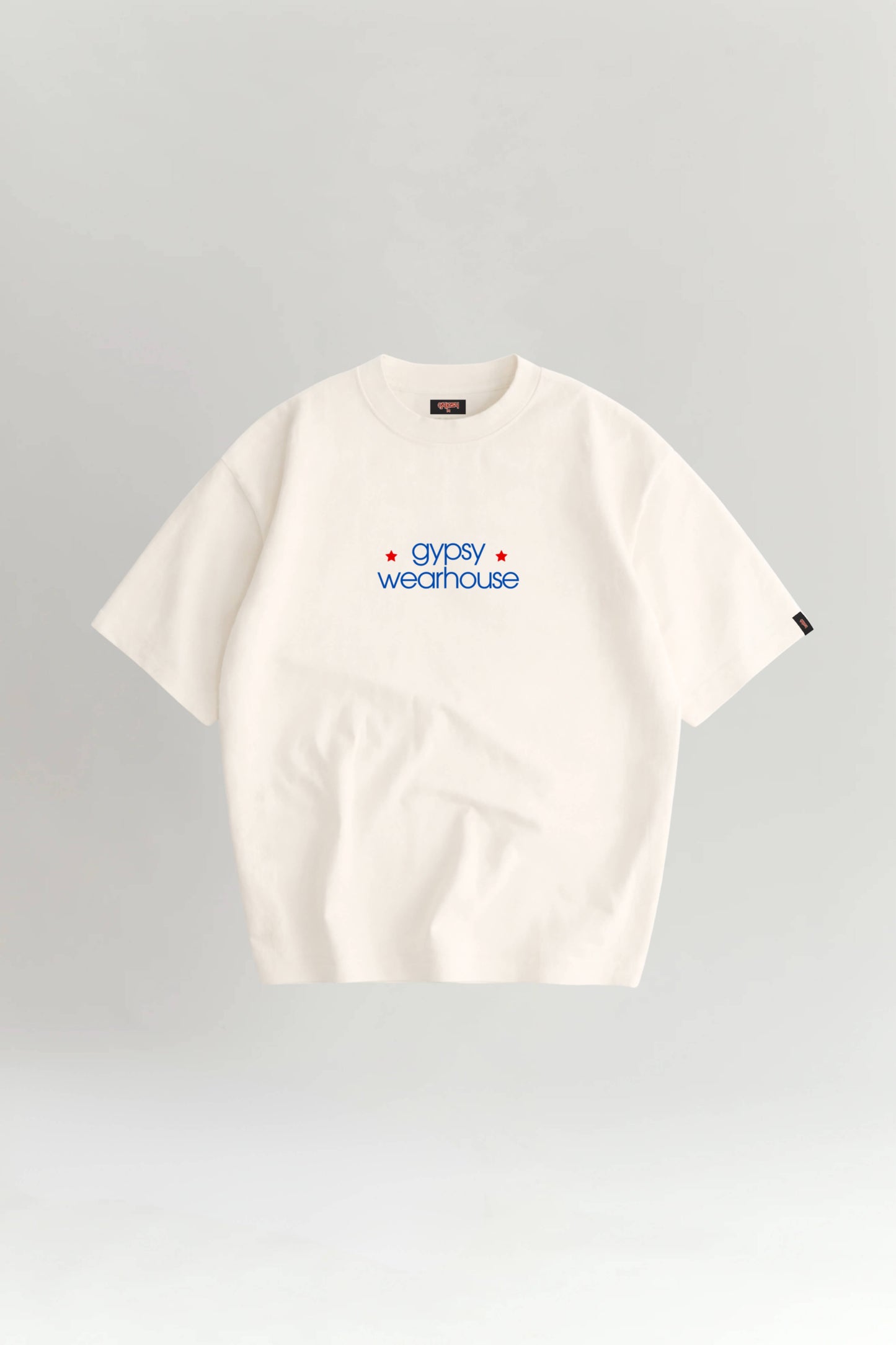 White t-shirt with a logo on a gray background