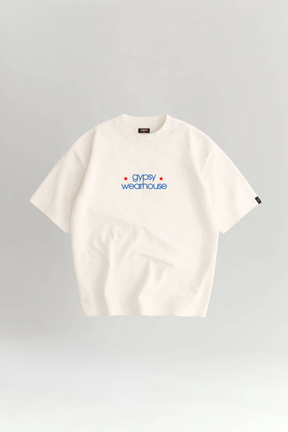 White t-shirt with a logo on a gray background