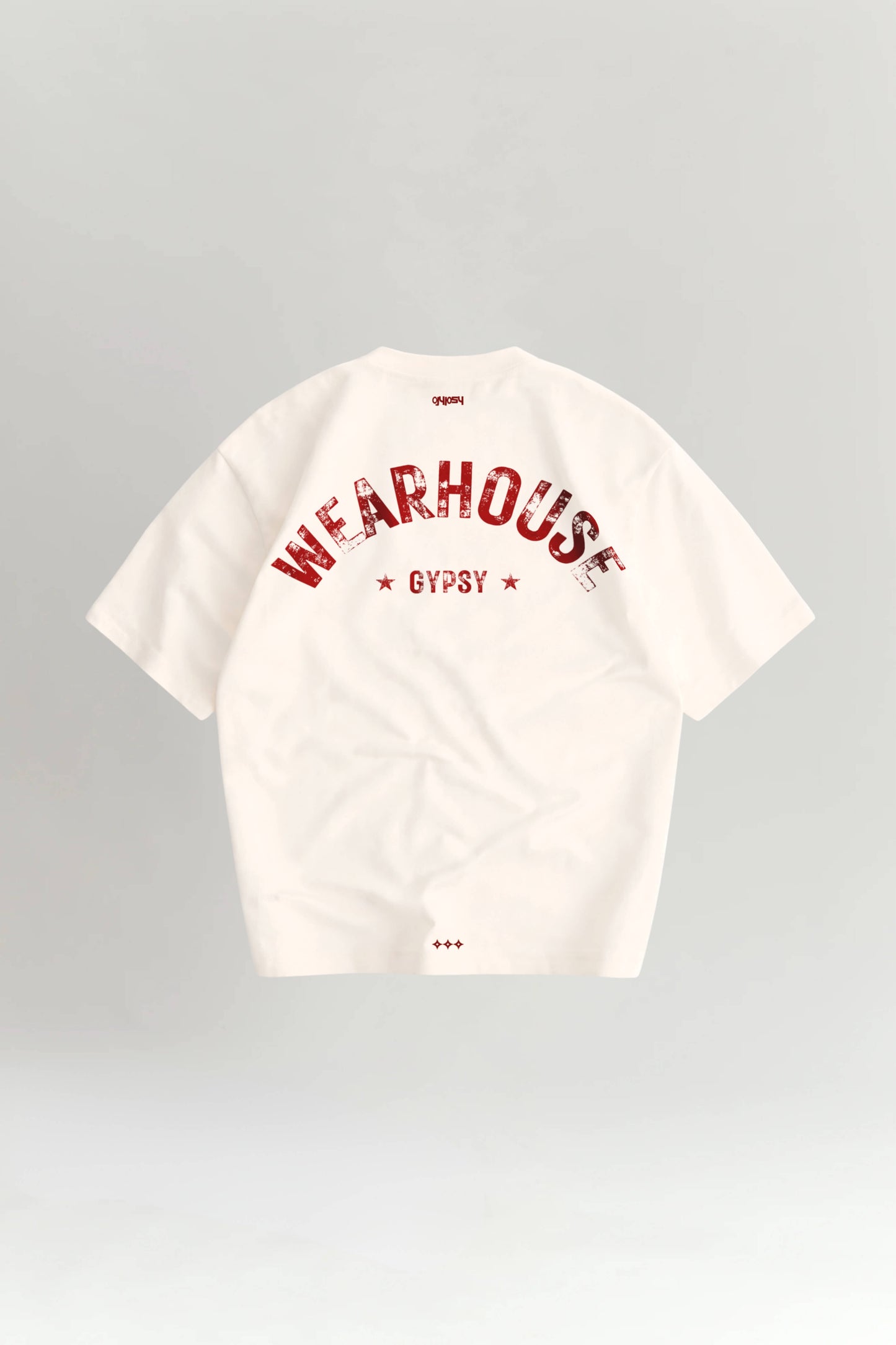 Off White t-shirt with red text on the back against a gray background