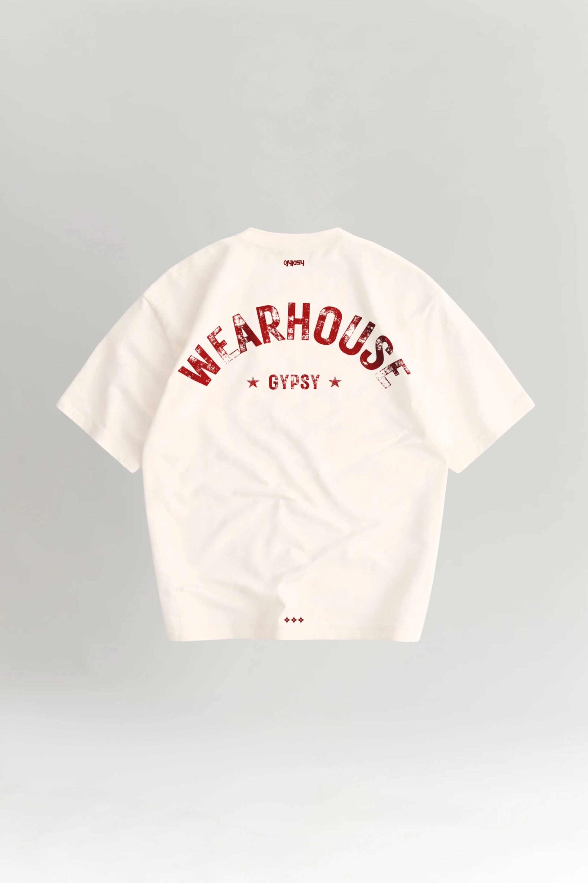 Off White t-shirt with red text on the back against a gray background