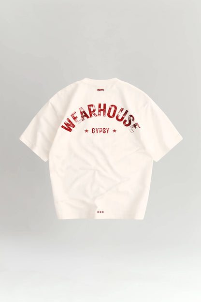 Off White t-shirt with red text on the back against a gray background