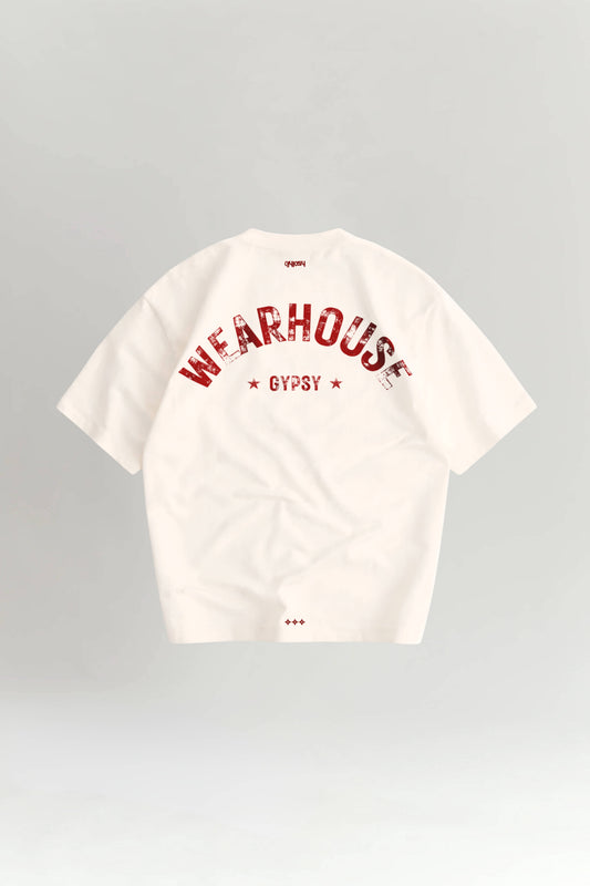 Off White t-shirt with red text on the back against a gray background