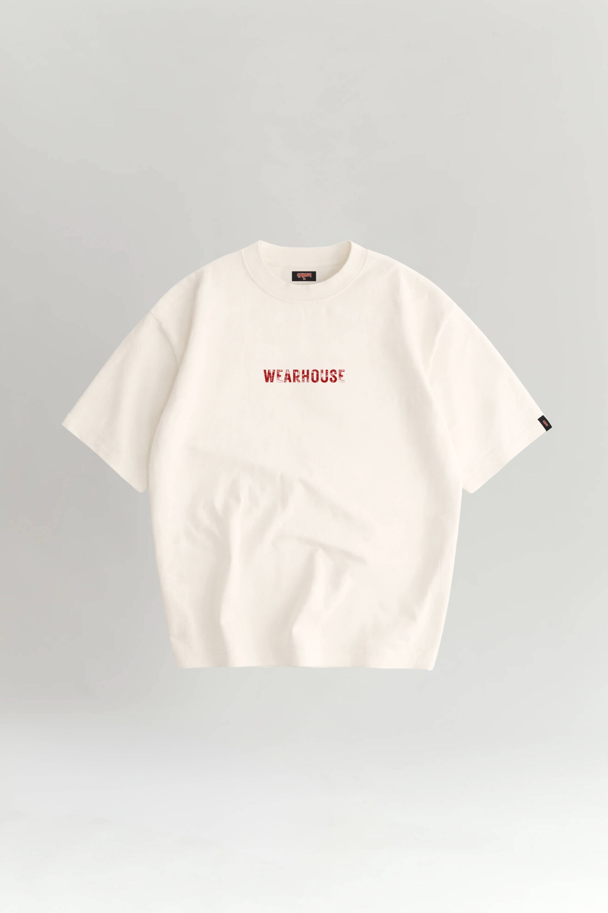 Off White t-shirt with red text on a gray background