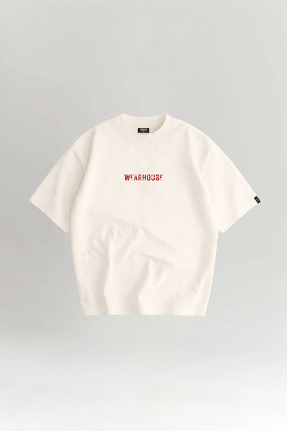 Off White t-shirt with red text on a gray background