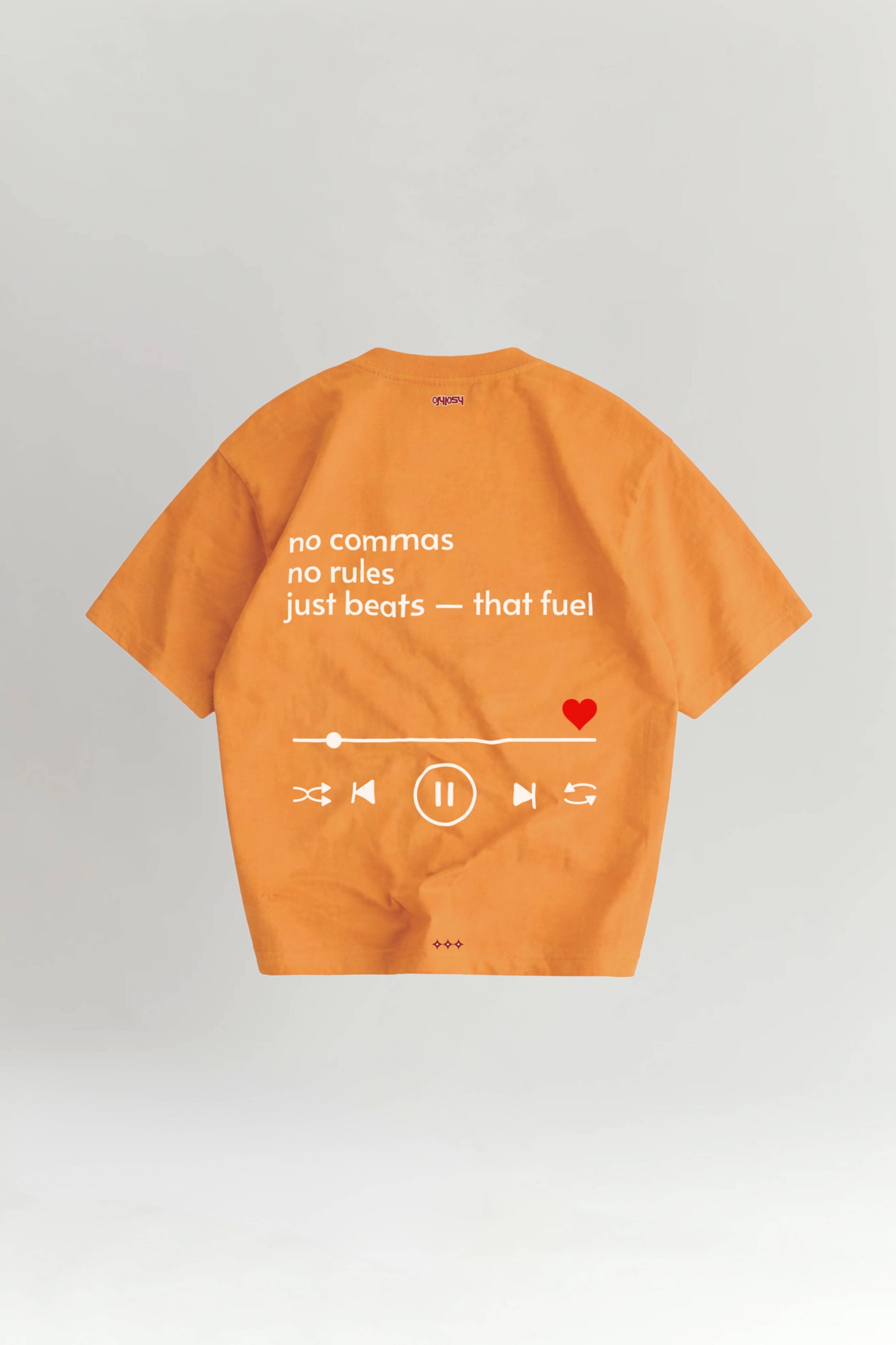 Orange t-shirt with white text and symbols on a light gray background