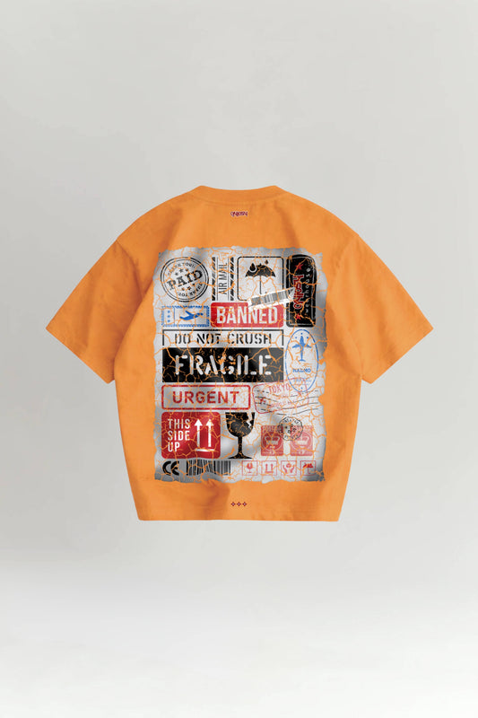 Orange t-shirt with graphic design on a light gray background