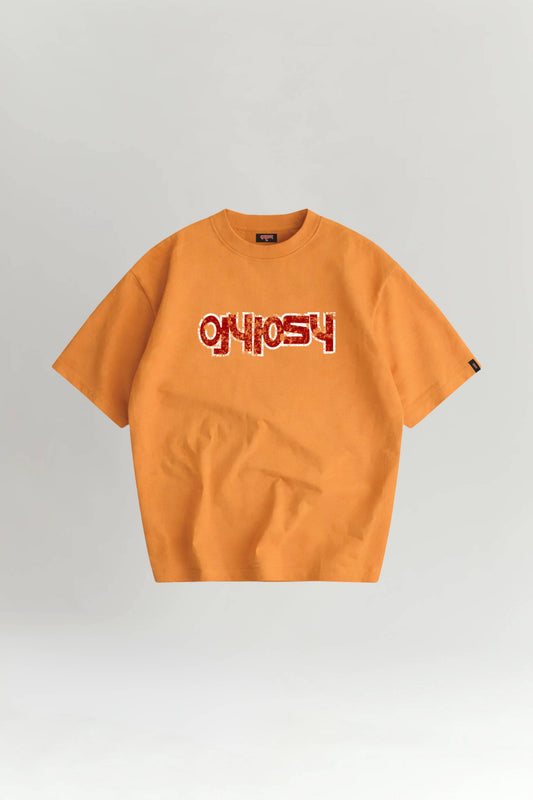 Orange t-shirt with red text on a light gray background