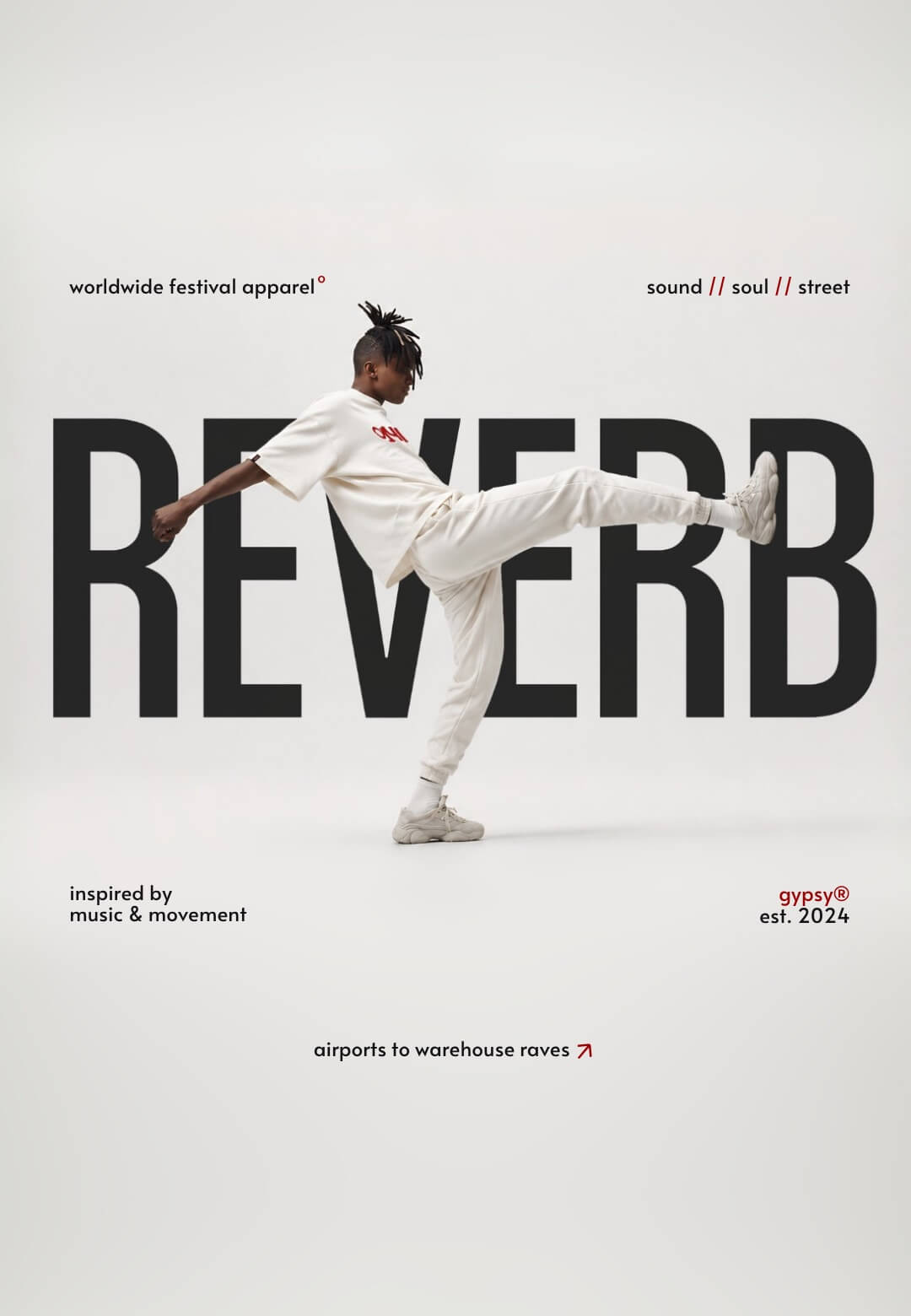 Person in white outfit with 'Reverb' branding on a gray background