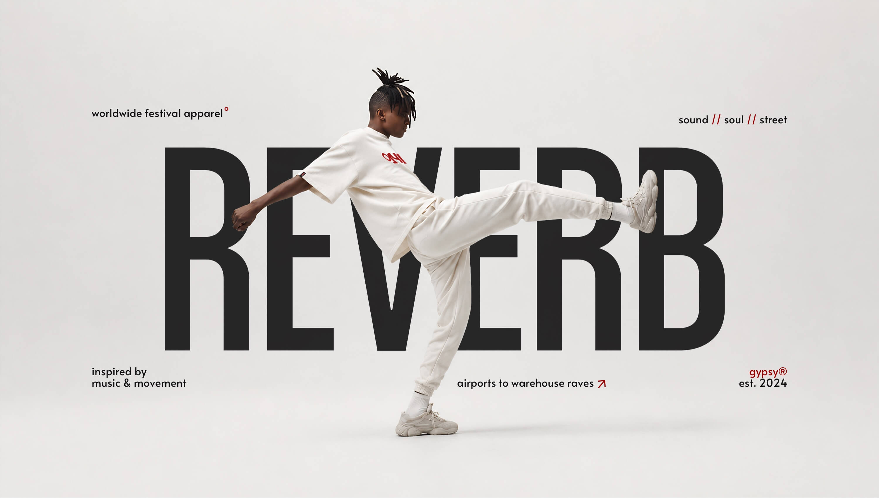 Person in white outfit with 'Reverb' branding on a white background